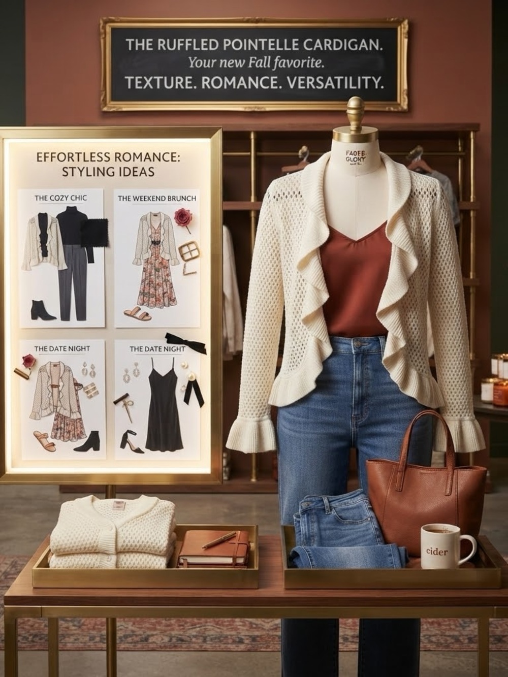 Faded Glory Cream Ruffled Pointelle Cardigan